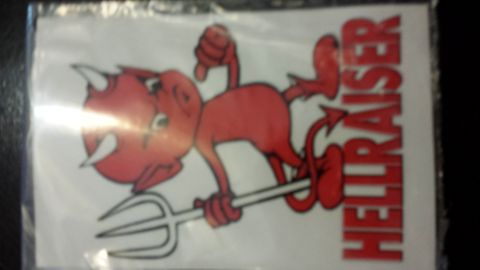 1995 Ford Bronco - A sticker of a cartoon devil holding a pitchfork is shown, with the word "HELLRAISER" written vertically.