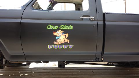 1995 Ford Bronco - Side view of a pickup truck door a 'One Sick PUPPY' sticker with a cartoon dog.