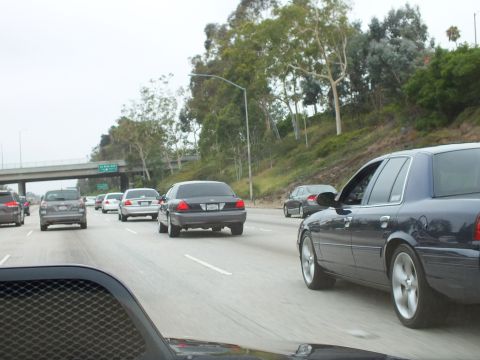 2003 Ford Crown Victoria - Photograph of dark sedans in freeway traffic next to a tree-covered hillside.