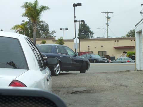 2003 Ford Crown Victoria - Photo of dark and white sedans parked in a gravel lot beside a tan commercial building and palm tree.
