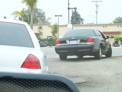 2003 Ford Crown Victoria - Photo of a black Crown Victoria on a roadway beside a strip mall, viewed past a white car in the foreground.