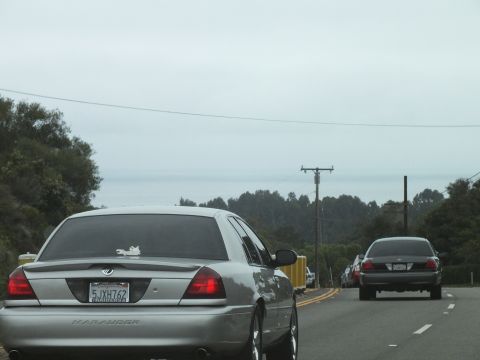 2003 Ford Crown Victoria - Photograph of a silver Marauder and a sedan on a coastal highway above the ocean, not a technical document.