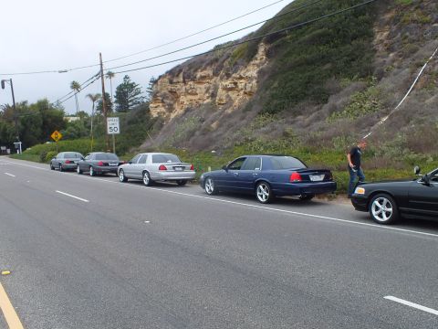 2003 Ford Crown Victoria - Photograph of a line of full-size sedans parked along a coastal road with people gathered, not a technical document.