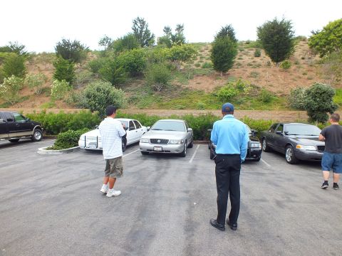 2003 Ford Crown Victoria - Photo of attendees standing among parked sedans in a parking lot at a car meet.