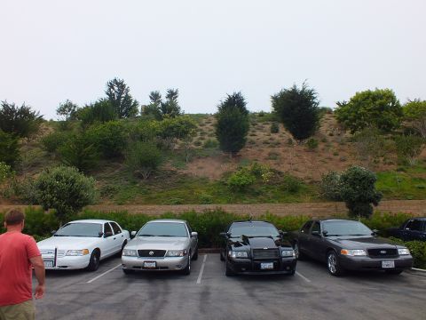 2003 Ford Crown Victoria - Photo of four parked sedans with a man in a red shirt standing at the left of the lot.