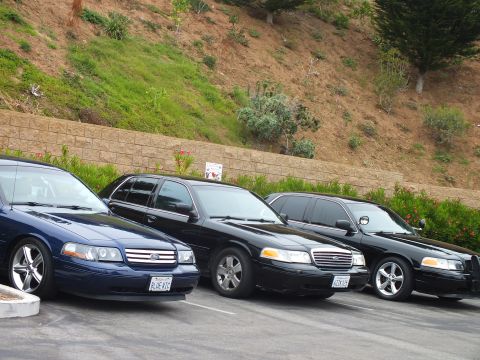 2003 Ford Crown Victoria - Photo of three full-size sedans parked at an angle in a lot beside a retaining wall and hillside.