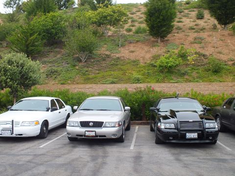 2003 Ford Crown Victoria - Photo of a white, silver, and black full-size sedan parked side by side in a lot.