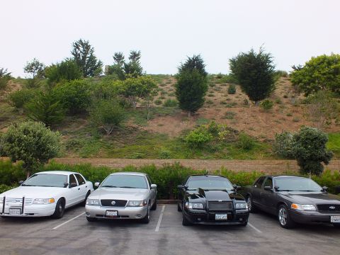2003 Ford Crown Victoria - Photo of four full-size sedans parked side by side in a parking lot below a green hillside.