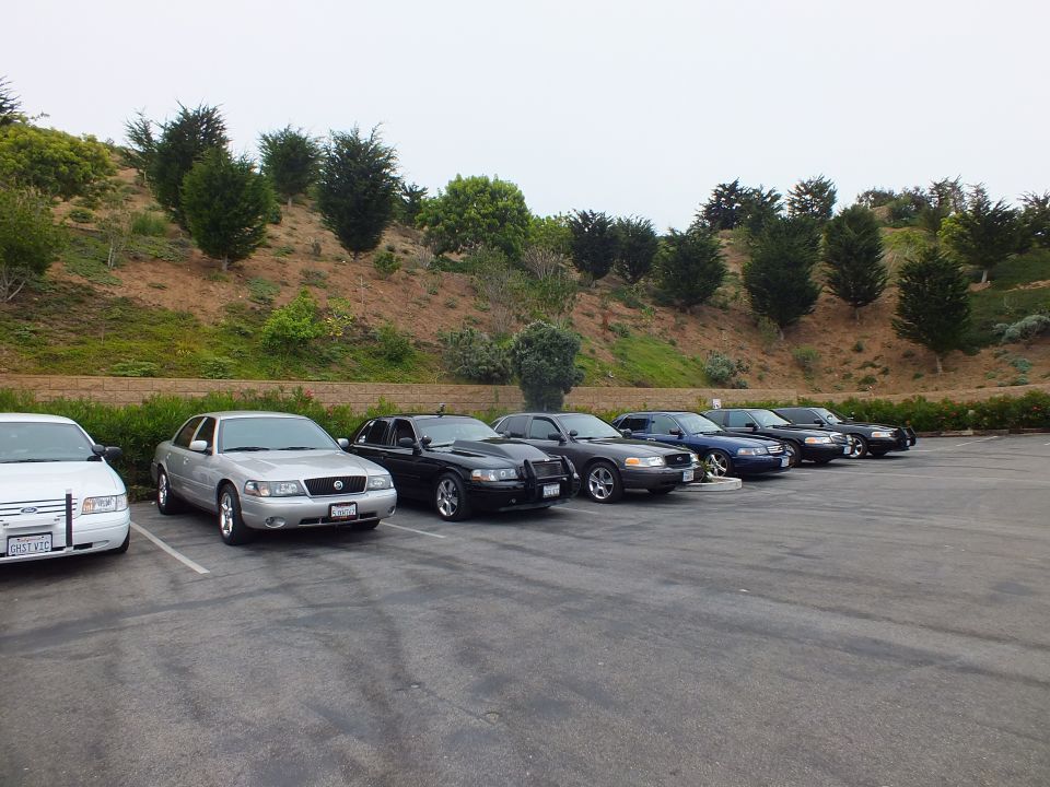 Row of parked sedans in a hillside parking lot