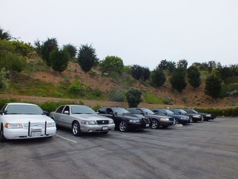 2003 Ford Crown Victoria - Photograph of a row of parked sedans beside a vegetated hill, not a technical document.