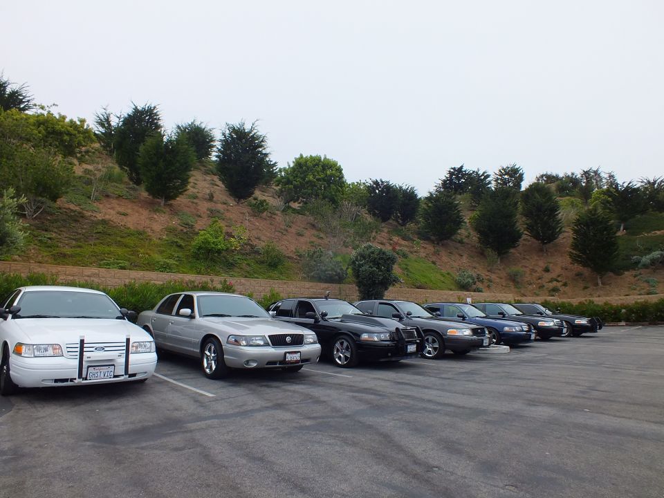 Parked white and black sedans along a hillside lot