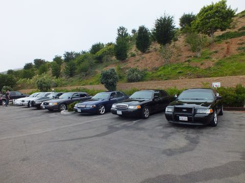 2003 Ford Crown Victoria - Photograph of black full-size sedans parked at a hillside lot, not a technical document.