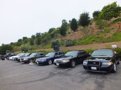 2003 Ford Crown Victoria - Photograph of a row of parked sedans next to a retaining wall and hill, not a technical document.