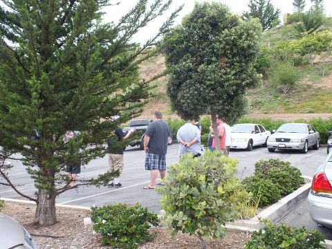 2003 Ford Crown Victoria - Photograph of people gathered in a tree-lined parking lot at a meetup, not a technical document.