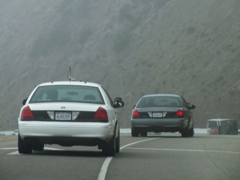 2003 Ford Crown Victoria - Photograph of sedans driving on a foggy mountain road, not a technical document.