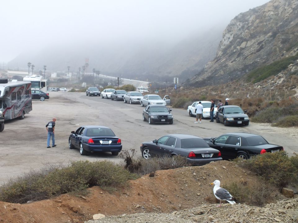 Row of sedans parked at a foggy coastal lot with an RV and hillside behind