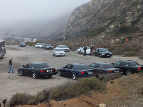 2003 Ford Crown Victoria - Photograph of dark-colored sedans parked at a foggy coastal lot; not a technical document.