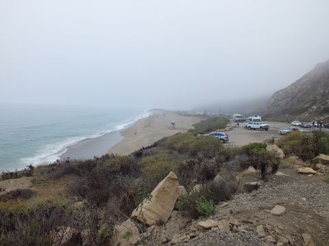 2003 Ford Crown Victoria - Photograph of a foggy beach and coastal parking lot with parked vehicles; not a technical document.