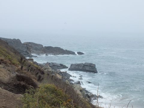 2003 Ford Crown Victoria - Waves break against gray rocky outcrops along a hazy coastline with brushy cliffs in the foreground.