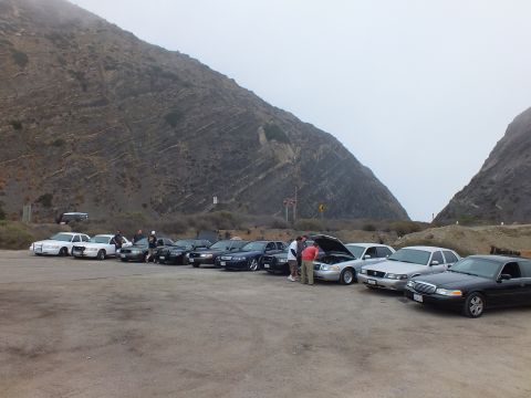 2003 Ford Crown Victoria - long line of dark and white sedans parked in a foggy dirt lot at the base of coastal hills, with people gathered near one open hood.