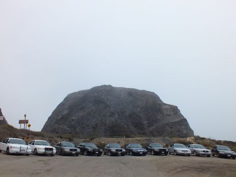 2003 Ford Crown Victoria - line of light and dark sedans parked on cracked pavement at the base of a large rock formation beneath a hazy gray sky.