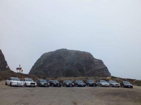 2003 Ford Crown Victoria - row of white and black sedans parked on cracked pavement facing a large rock formation under an overcast sky.