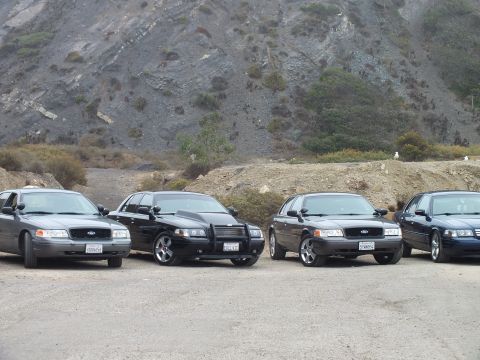 2003 Ford Crown Victoria - Four dark Ford sedans parked in a row on dirt at the base of a hill, one fitted with a black push bumper, showing Ford grille emblems.