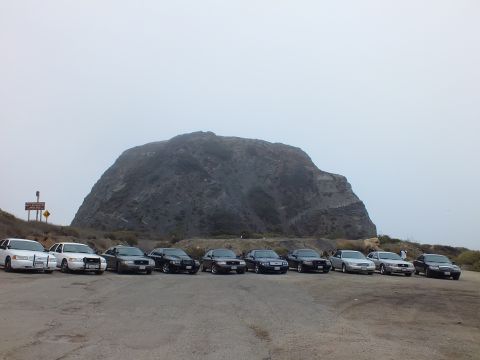 2003 Ford Crown Victoria - row of light and dark sedans parked on worn pavement facing a tall rounded rock formation beneath a pale overcast sky.