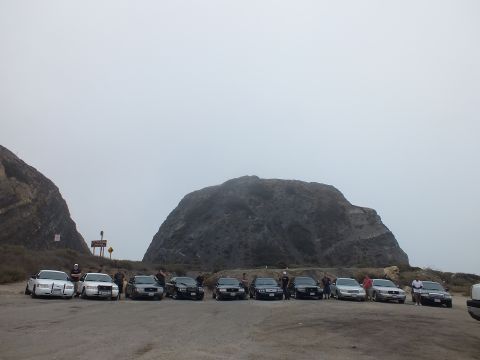 2003 Ford Crown Victoria - People stand posing beside a long row of light and dark sedans parked in a dirt lot at the base of a large rock formation on a foggy day.