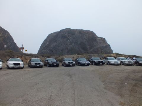 2003 Ford Crown Victoria - row of front-facing white and black full-size sedans parked in a gravel lot at the base of a rocky headland.