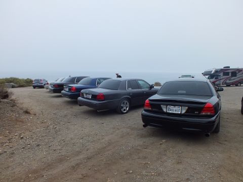 2003 Ford Crown Victoria - Several black Ford sedans, one badged SVT, parked at an angle on a dirt bluff overlooking the ocean with an RV in the background.