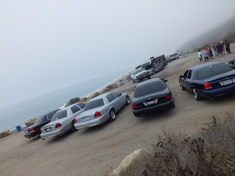 2003 Ford Crown Victoria - Silver and black full-size Ford sedans angle-parked along a foggy bluff edge above the ocean as people gather in the distance.