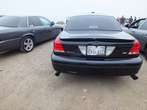 2003 Ford Crown Victoria - Direct rear view of a black Ford sedan badged SVT with an EVIL VIC vanity plate, parked among other cars on a gravel coastal lot.