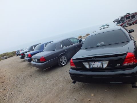 2003 Ford Crown Victoria - Rear view of a dark Ford SVT sedan bearing an EVIL VIC plate, parked among silver and dark Ford sedans with an RV in the fog.