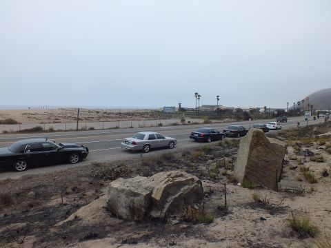 2003 Ford Crown Victoria - line of black and silver sedans drives along a coastal highway past sand dunes, framed by large boulders in the foreground.