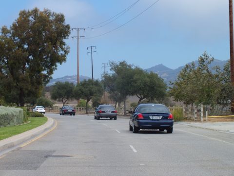 2003 Ford Crown Victoria - dark blue full-size sedan and other cars travel a tree-lined boulevard with hazy mountains rising in the background.