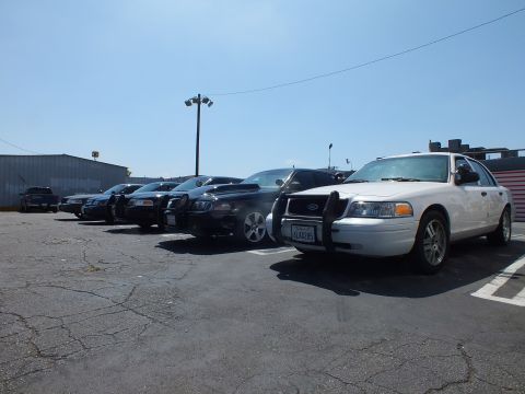 2003 Ford Crown Victoria - white Ford sedan with a push bumper and California plate sits at the head of a row of dark sedans in a parking lot.