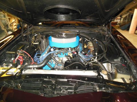 1979 Ford Ranchero - Overhead view into the engine bay of a burgundy car in a garage, showing a Ford V8 painted bright blue with matching blue plug wires, a chr…