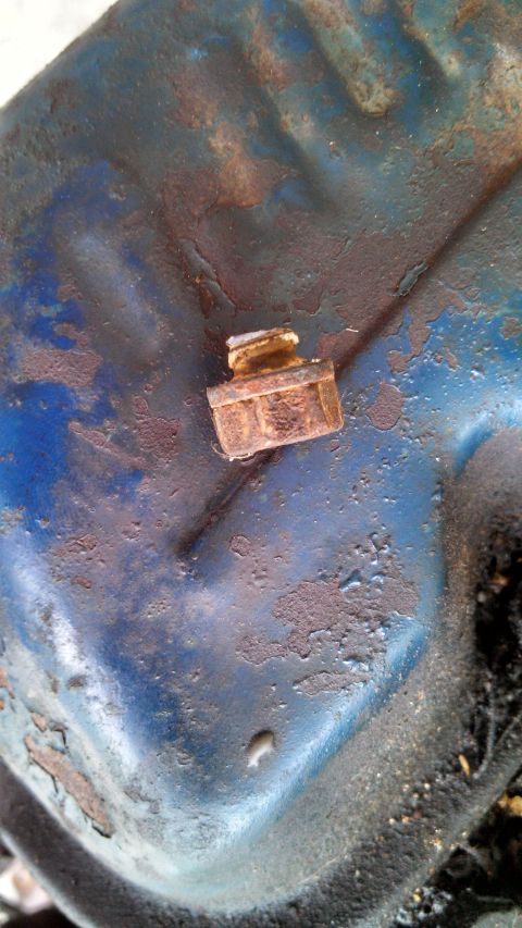 1979 Ford Bronco - Close-up of a rusted bolt on a blue metal surface, showing signs of corrosion.