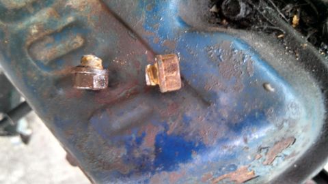 1979 Ford Bronco - Two bolts are visible on a weathered blue surface, showing signs of rust and wear.