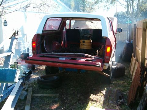 1979 Ford Bronco - Rear view of a red and white 1978 Ford Bronco with its tailgate down, parked in a yard.