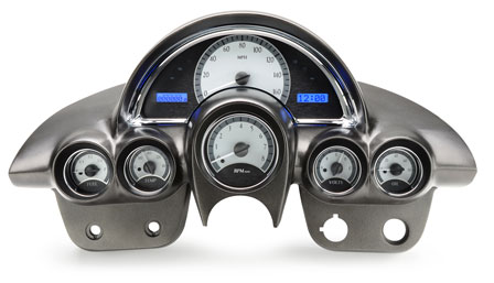 1976 Chevrolet Corvette - This aftermarket instrument cluster features multiple gauges and digital displays for monitoring vehicle functions.