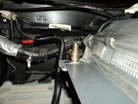 2004 Mercury Grand Marquis - Detail of engine bay components, including various hoses and a brass fitting.
