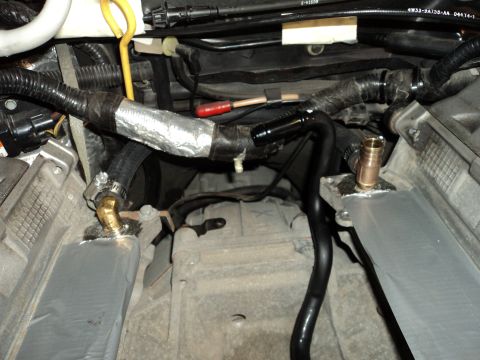 2004 Mercury Grand Marquis - Custom oil cooler lines and fittings installed in an engine bay.