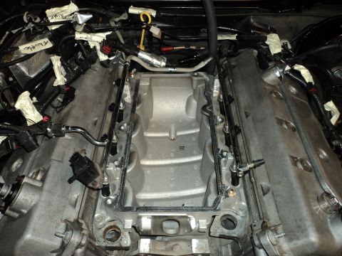 2004 Mercury Grand Marquis - Close-up view of an engine's intake manifold, showing fuel rails and numerous electrical connections.