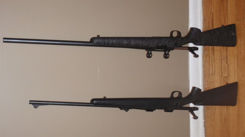 Two rifles mounted on a wall. The top rifle has a speckled stock, the bottom rifle has a black stock