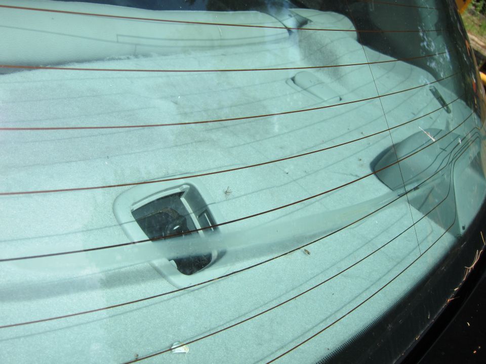 Rear window interior with defroster lines and a dark interior trim piece