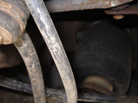 2001 Ford Crown Victoria - Undercarriage view of vehicle suspension system components, showing hoses and rubber parts.