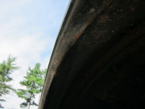 2001 Ford Crown Victoria - Close-up view of the underside of a car hood, showing wear and tear against a backdrop of trees and sky.
