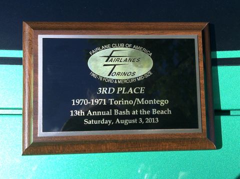 1971 Ford Ranchero - Plaque from Fairlane Club of America for 3rd place in the 1970-1971 Torino/Montego class at a 2013 car show.